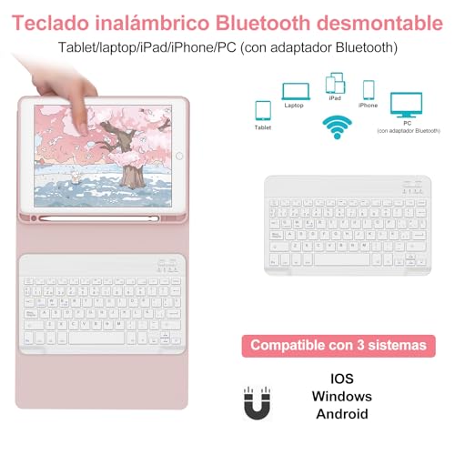 Teclado iPad 9 Generación para Estudiar y Trabajar en Cafeterías con Funda Rosa Bluetooth 3