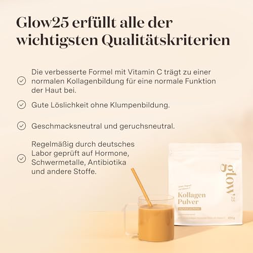 Glow25® Collagen Pulver [450g] – Unser Original – Kollagen Hydrolysat mit Vitamin C – Peptide Typ 1 und 3 – Gute Löslichkeit – Neutral
