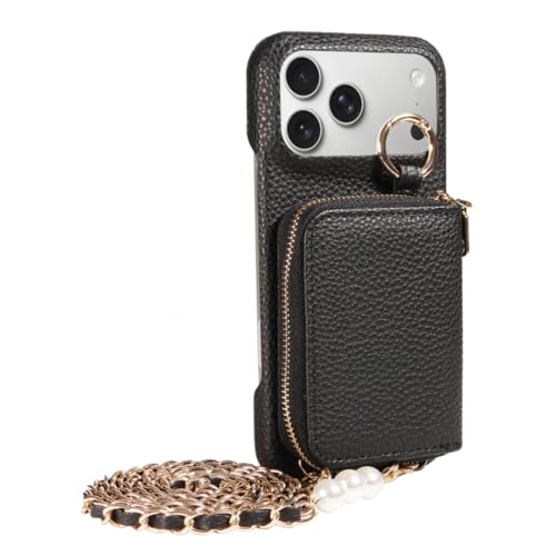 Étui portefeuille iPhone 12 antichoc avec fentes pour cartes et cordon amovible noir