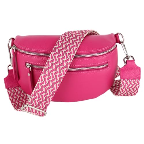 MIRROSI Damen Bauchtasche Umhängetasche 27x14 5x8cm Damen Made in Italy aus Echtleder Tasche Echtes Leder Brusttasche Crossbody Bag Bohemian Style (1 Tasche 2 Gurte) (Pink (Flecht))