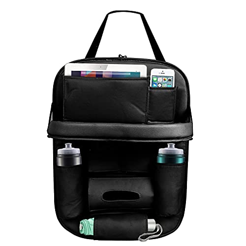 Image of Premium Black Car Backseat Organizer with Foldable Tray | Multi-Pocket Storage for Tablets, Phones, Bottles & Travel Essentials