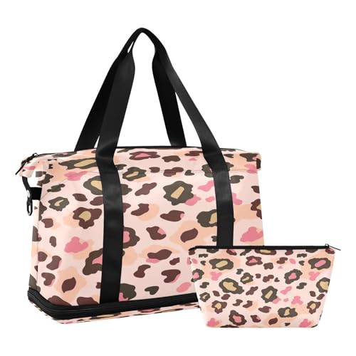 Watercolor Leopard Gym Bag for Women Sport Travel Duffel Bag Shoulder Weekender Overnight Bags with Wet Pocket & Shoe Compartment