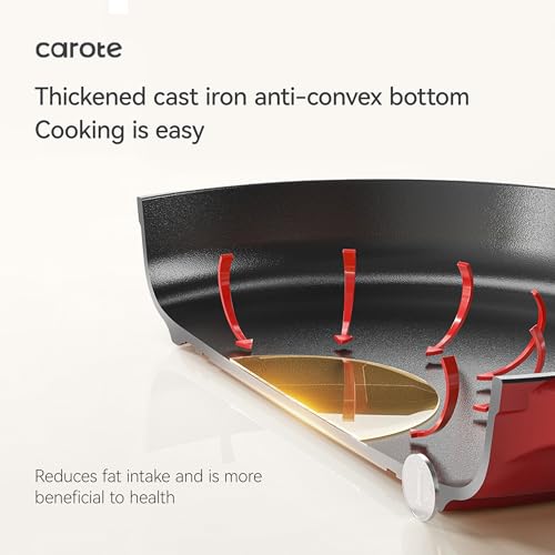 Image of CAROTE Enamel Cast Iron Skillet Frying Pan 10 Inch, 26cm -Red, Even Heat Distribution, Gas & Induction Compatible, Oven & Grill Safe, Non-Toxic & Durable Cookware, Ideal for Omelette, Shalow Frying