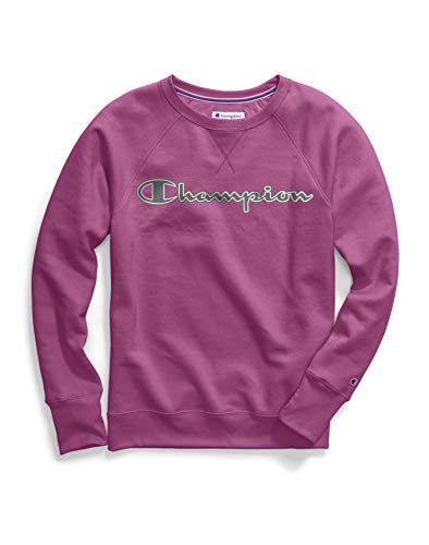 Champion womens Powerblend Boyfriend Crew Sweatshirt, Our Favorite Fuchsia - Applique, Large US