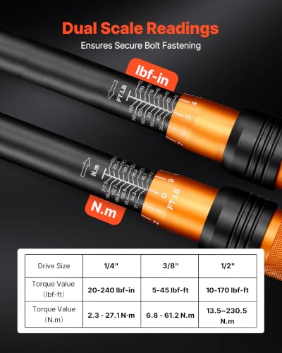 Image of VEVOR Torque Wrench Set 1 /4 inch 3 /8 inch 1 /2 inch Drive Click Torque Wrench 47-Piece, Dual Scale Readings, ±3% High Precision, with Spark Plug Sockets, Bits, Extension Bars, Storage Case, for Automotive Repair