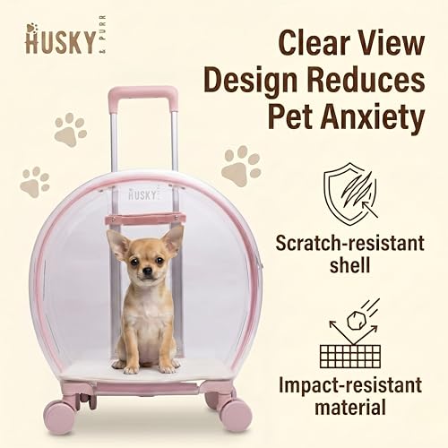Image of Husky & Purr PopGo Pet Carrier with Wheels for Cats & Small Dogs | Transparent Cat Bag Carrier Trolley with Telescopic Handle | Dog Carrying Bag, Up to 8kgs, Pink