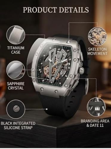 Buy FOBRAS Skeleton Movement Men's Analog Watch with Silicone Strap | Skeleton Gear Dial, Matte Black Case, Silicone Strap, Date Display, Tonneau Shape at Amazon.in - Image 3