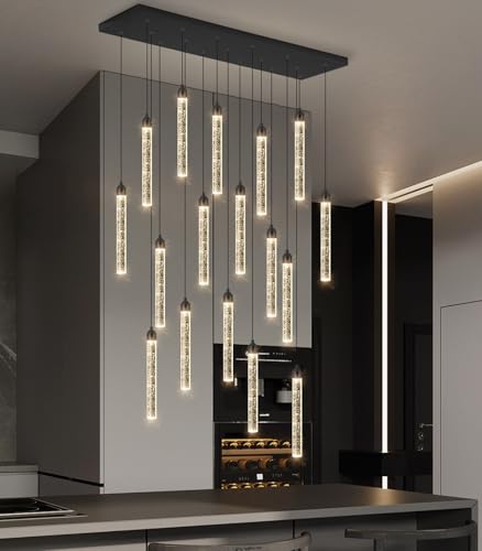 Rectangular Chandeliers 17-Lights Long Light for Entryway LED Dimmable Chandeliers Lighting Fixture Flat Sloped High Ceiling Pendant Lights Crystal for Living Room Foyer Hallway Staircase Black