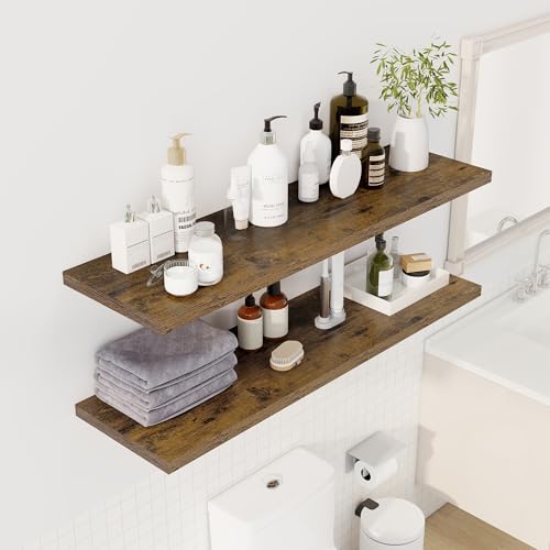 Image of Dreamland 48 inch Floating Shelves for Wall, 12 inch Deep Slim Rustic Brown Floating Shelves,Wall-Mounted Shelves for Bedroom, Living Room, Kitchen, Bathroom - Set of 2