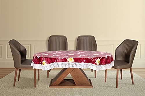 Image of The Furnishing Tree Waterproof PVC Oval Shaped 10 Seater Table Cover WxL 60x120 inches Floral Pattern Red with White Border lace