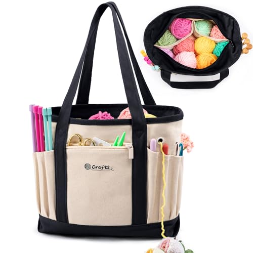 MYBAGZING Bolsa organizadora de armazenamento de fios de lona, bolsa de crochê lavável com bolsos para fios, ganchos, agulhas - Bolsa de tricô de viagem para artesãos - Presente para crochê e tricô