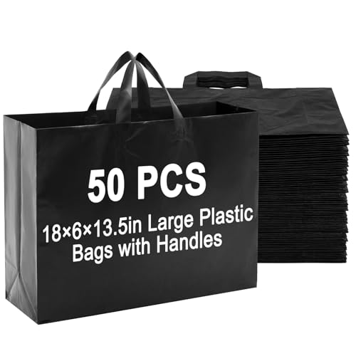 Klyyo Clyro 50 Pack 18 6 13.5 Inch Frosted Plastic Gift Bags with Handle Large Reusable Frosted Plastic Shopping Bags for Small Business Boutiques Retail Wedding Party Favors (Black)
