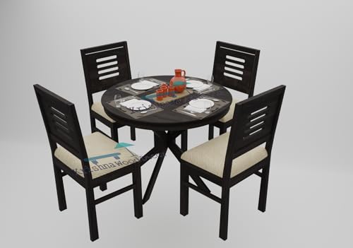 Image of Krishna Wood Decor Wood Round Dining Set 4 Seater | Dining Table Set | Dining Room Set | Dining Table 4 Seater Round Shape | Dining Room Furniture | Wooden Table | 4 Seater (3)