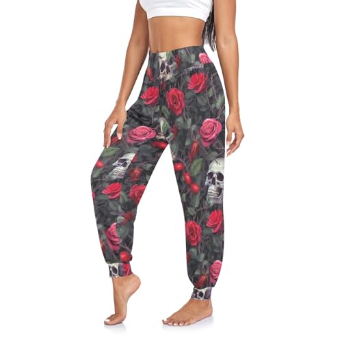 CHIFIGNO Harems-Yogahose mit hoher Taille, für Damen, Jogger, Sport, Workout, Lounge-Hose, Totenköpfe mit roten Rosen und Zweigen, 1, S