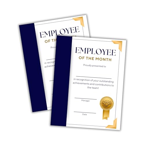 Employee of The Month Award Certificate 30pk 8.5x11” HR Team Leader Recognition Appreciation Blue Gold Performance Workplace Motivation Success