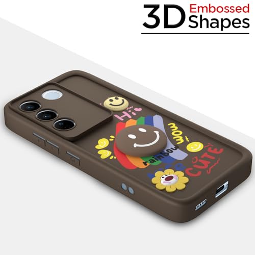 Image of Pikkme Back Cover for Vivo V27 5G / V27 Pro 5G | Soft Silicone| Cute Rainbow Smile & 3D Cartoon Flower Design | Shockproof Raised Camera Protection Bumper Case (Brown)