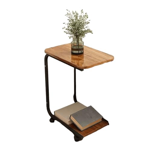 JinZao Mesa Auxiliar En Forma De C, con Dos Estantes De Madera para Almacenamiento, Mesa Auxiliar Sofa con Ruedas, con Bolsillos Laterales para Almacenamiento, para Sofás, Camas Y Bañeras(A)