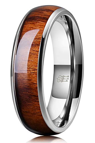 THREE KEYS JEWELRY 6mm Titanium Wedding Band Engagement Ring Silver with Real Santos Rosewood Wood Inlay Comfort Fit Size 7