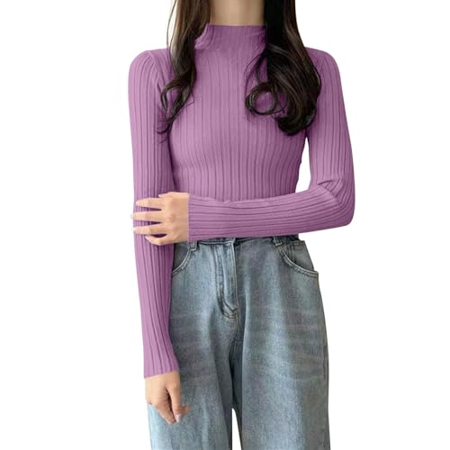 Sudadera de cuello alto para mujer, blusa de ajuste holgado, suéter de punto acanalado, suéter de otoño e invierno, cuello alto, manga larga, suéteres básicos delgados para interiores y exteriores