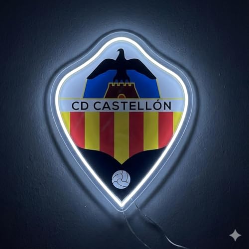 Letrero regalo Escudo 2° división Club Castellón de Pared con Corona,colores iluminados brillantes con base metacrilato,neón led y vinilo 40x30 cm aproximadamente con cadena y alimentación 12v