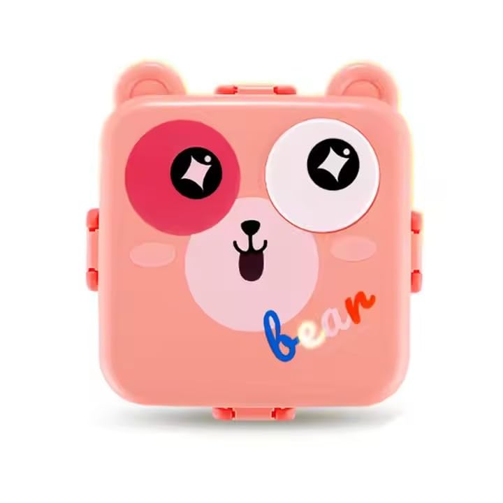 3-Compartment Stainless Steel Lunch Box – Insulated, Leak-Proof & BPA-Free Bento Box with Tray, Spoon & Container for School, Office, Travel – 1120ml + 70ml. (Pink Bear)