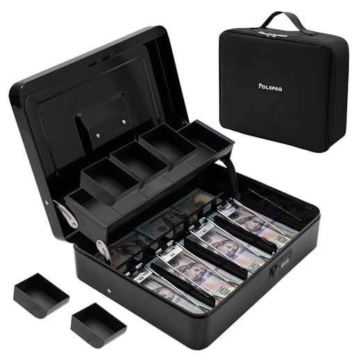 Polspag Cash Box with Bag & Combination Code, Metal Money Box with Money Tray, Large Locking Cash Boxes, Deluxe Lock Safe Box, Portable Cash Box with Adjustable Coin Box, 4 Bill 5 Coin Slots, Black
