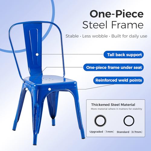 Image of Metal Dining Chairs with Backrest, Stackable, Blue, 4 Pack | Easy Assembly, Non-Slip Feet, 330 lb Capacity, Kitchen, Restaurant, Cafe, Pub, Covered Patio