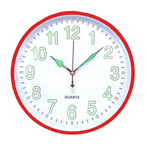 10" Luminous Glow In The Dark Round Wall Clock Bedroom Kitchen Office Quartz - Red Cover