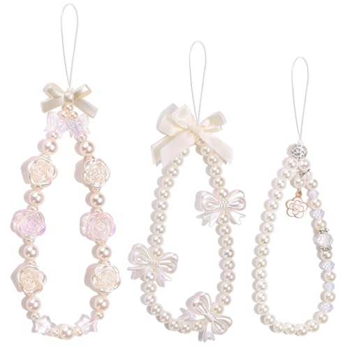 3 PCS Cute Phone Charms Aesthetic Y2K Cellphone Wrist Strap Bedazzling Flower Bow Butterfly Accessories ABS Imitation Pearl Beaded Anti-Theft Chain String for Bag Keychain Airpods Camera Decor