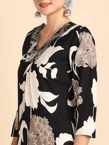 Image of Maaesa Women Casual Floral Printed Rayon Straight Kurta | V-Neck | 3 /4 Sleeves | Lightweight & Breathable Fabric
