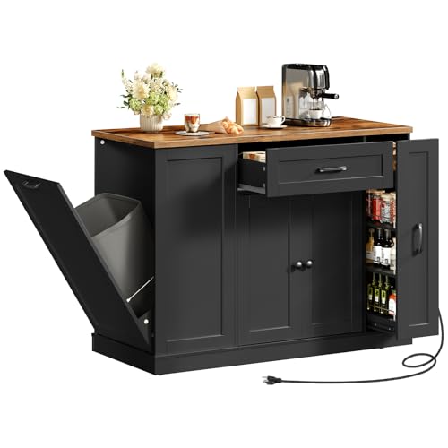 Image of HOOBRO Kitchen Island with Trash Can Storage, Rolling Kitchen Island Cart with & Power Outlet, Island Table with Spice Rack & Drawer, for Kitchen, Black and Rustic Brown BF20UZD01
