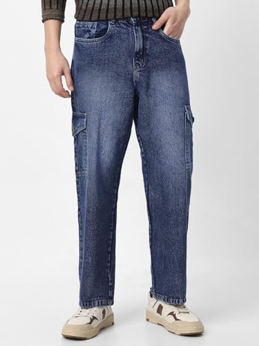 Image of Neostreak Men's Loose Baggy Fit Washed Cargo Jeans with 6 Pockets Non-Stretchable