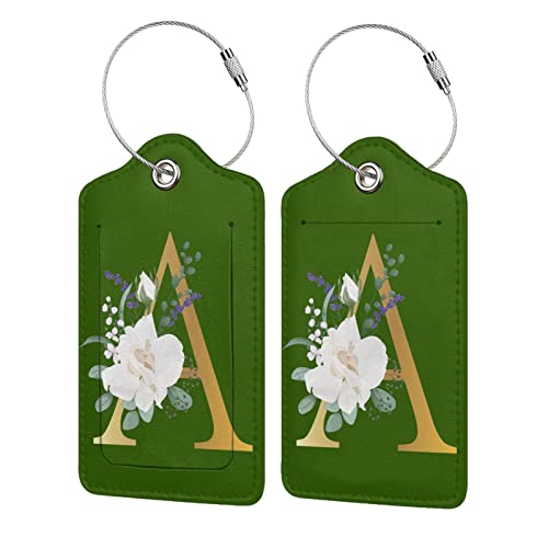2 PCS Flower Lette A Luggage Tag for Suitcases Leather Travel Cruise Luggage Tags with Stainless Steel Loop Privacy Cover Id Label Suitcase Tags Green
