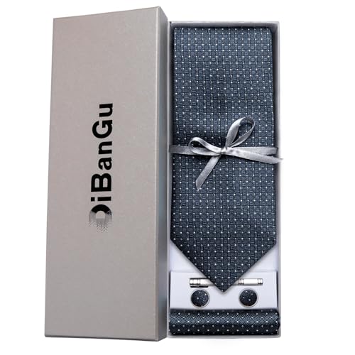 Image of DiBanGu Mens Silk Necktie Solid Color Tie and Pocket Square Cufflink Tie Clip Set Woven Plain Ties for Men Wedding Party