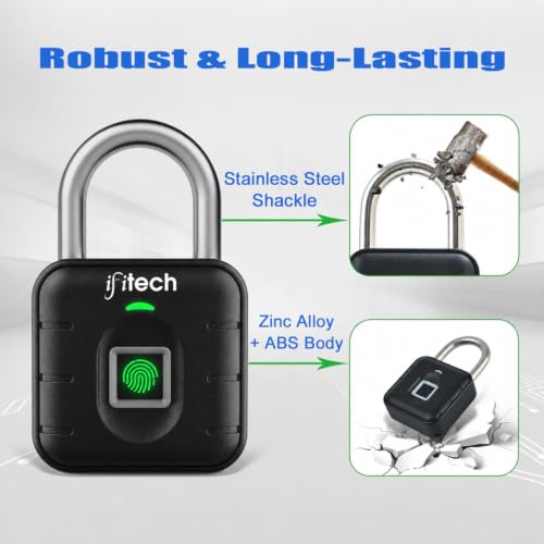 Image of IFITech Smart Fingerprint Padlock | Biometric Padlock | Keyless Lock | Stores Up to 20 Fingerprints | Fingerprint Lock for Gym Locker, Cabinet, Drawer, Luggage & Personal Spaces | Black, Made In India