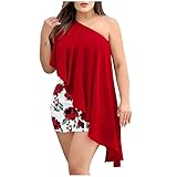 Mujer Vestidos 2026 Mujer Verano con un Hombro Volantes Vestido Asimétrico Fiesta Sin Mangas Ajustado Algodón Largo A Línea Vestido de Verano, Rojo sandía, XXL