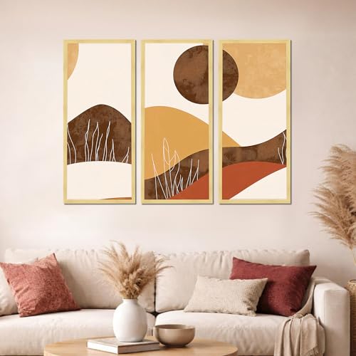 Image of PAINTINGMANTRA Abstract Landscape Framed Wall Art Set of 3 | Modern Boho Geometric Wall Decor | Engineered Wood Frame Prints for Living Room, Bedroom & Office, 8.9x18.9 Inch