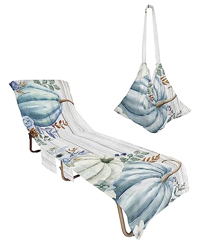 Blue White Pumpkin Beach Chair Towel Covers for Chaise Lounge with Side Pocket, Soft Plush Pool Towels Cover for Patio Sunbathing Outdoor 29''x85'' Fall Thanksgiving Eucalyptus Leaves Flower