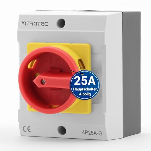 Intratec Hauptschalter 25A, 4-polig – IP65 Lasttrennschalter mit Kunststoffgehäuse – Aufputz-Schalter ideal für Industrie – Drehschalter für sichere Abschaltung – Robuster Maschinenschalter 230V 400V