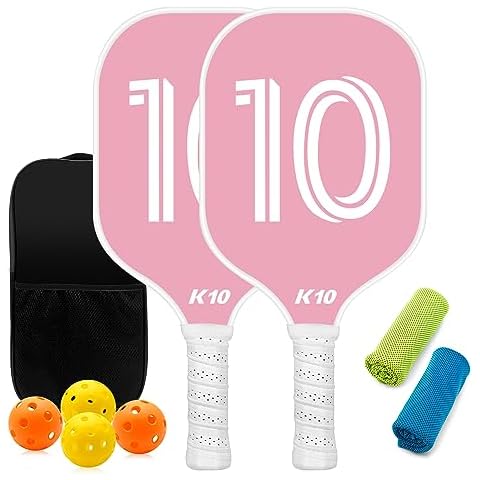 Fiberglass Surface, Pickleball Paddles Set with Pickleball Rackets, Lightweight, 1 Carrying Case, 2 Cooling Towels & 4 Balls (Pink-White) Cover