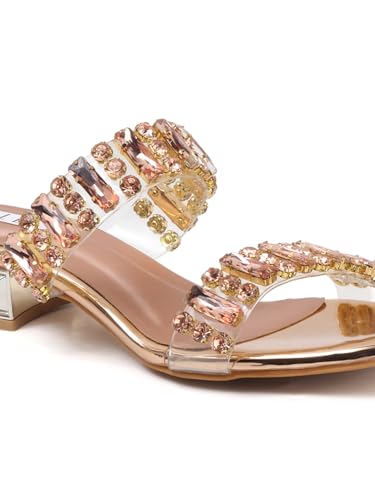 Image of ELLE Women's Dual Strap Embellished Sandal Gemstone Adorned Low Heel