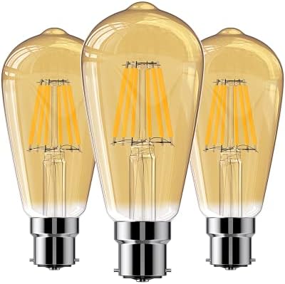 B22 ST64 Filament LED Bulb, 7W Bayonet Light Bulb (60W Equivalent), 2700K Warm White, Amber, 700 Lumen, Non-Dimmable, Pack of 3