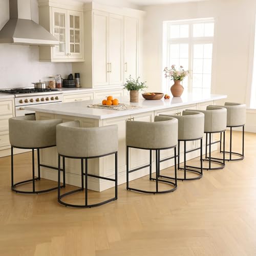Image of 26 inch Counter Height Bar Stools Set of 6, Faux Leather Upholstered Barrel Chairs with Back and Arms, Metal Frame Kitchen Island Stools with Footrest, Stone Gray