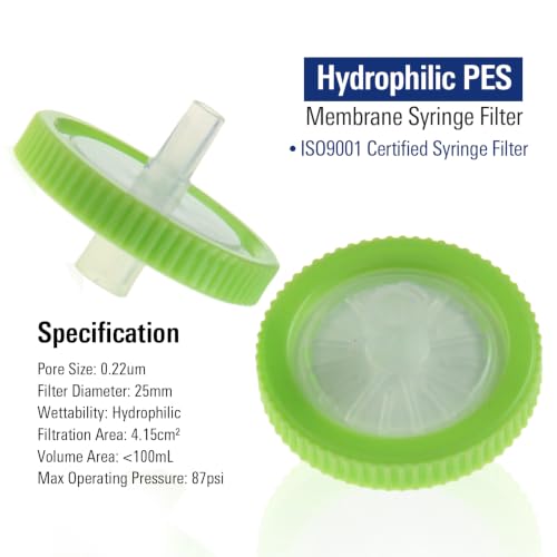 Image of PEKYBIO Sterile Syringe Filter, 25mm PES Filtration 0.22μm Pore Size with Green Smooth Ring, Individually Packed for Lab, Pack of 10