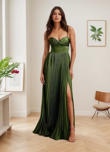 Basgute Satin Bridesmaid Dresses for Women Slit Long A Line Pleated Wedding Guest Dress Formal Cocktail Gown2