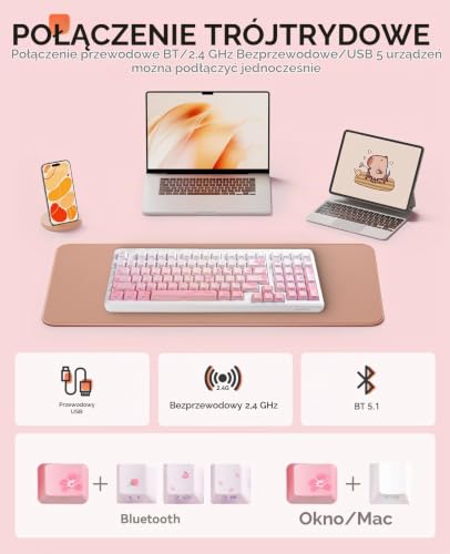 DAREU EK98PRO Sakura Pink Klawiatura mechaniczna, trzy tryby pracy BT/2,4 GHz/USB-C, wstępnie nasmarowane przełączniki liniowe, konstrukcja uszczelnkowa, podświetlenie RGB dla systemów Windows/Mac