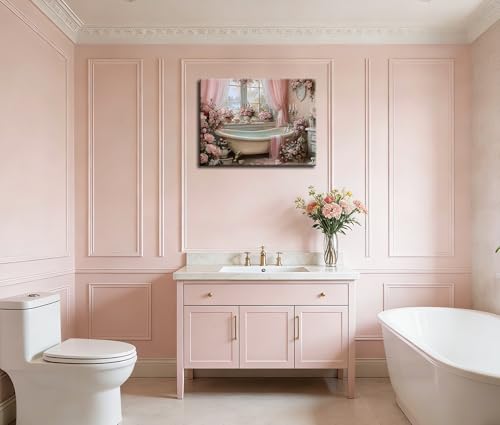Image of Frimeeme Vintage Pink Bathroom Canvas Wall Art,12x16 Inches