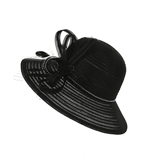 DANTIYA Women's Bowler Church Cloche Hat Bling Bing Organza Bridal Dress Cap (Black, One Size) - Thumbnail 5