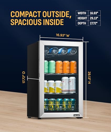 Image of NewAir Small Cooler 2.4 Cu. Ft. Mini Fridge for Bedroom in Stainless Steel, 100 Can Capacity Beverage Refrigerator with 5 Custom Temperature Settings for Beer, Wine, Soda, and Cooler Drinks