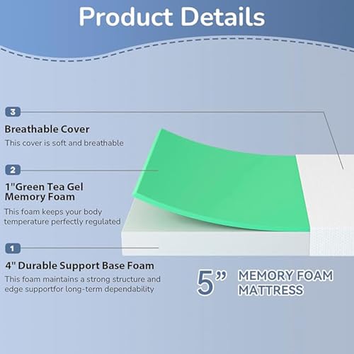 Image of PayLessHere 5 inch Memory Foam Mattress Cooling Gel Green Tea Infused Mattress,Fiberglass Free,CertiPUR-US Certified,Cooler Sleep Supportive & Pressure Relief,White California King